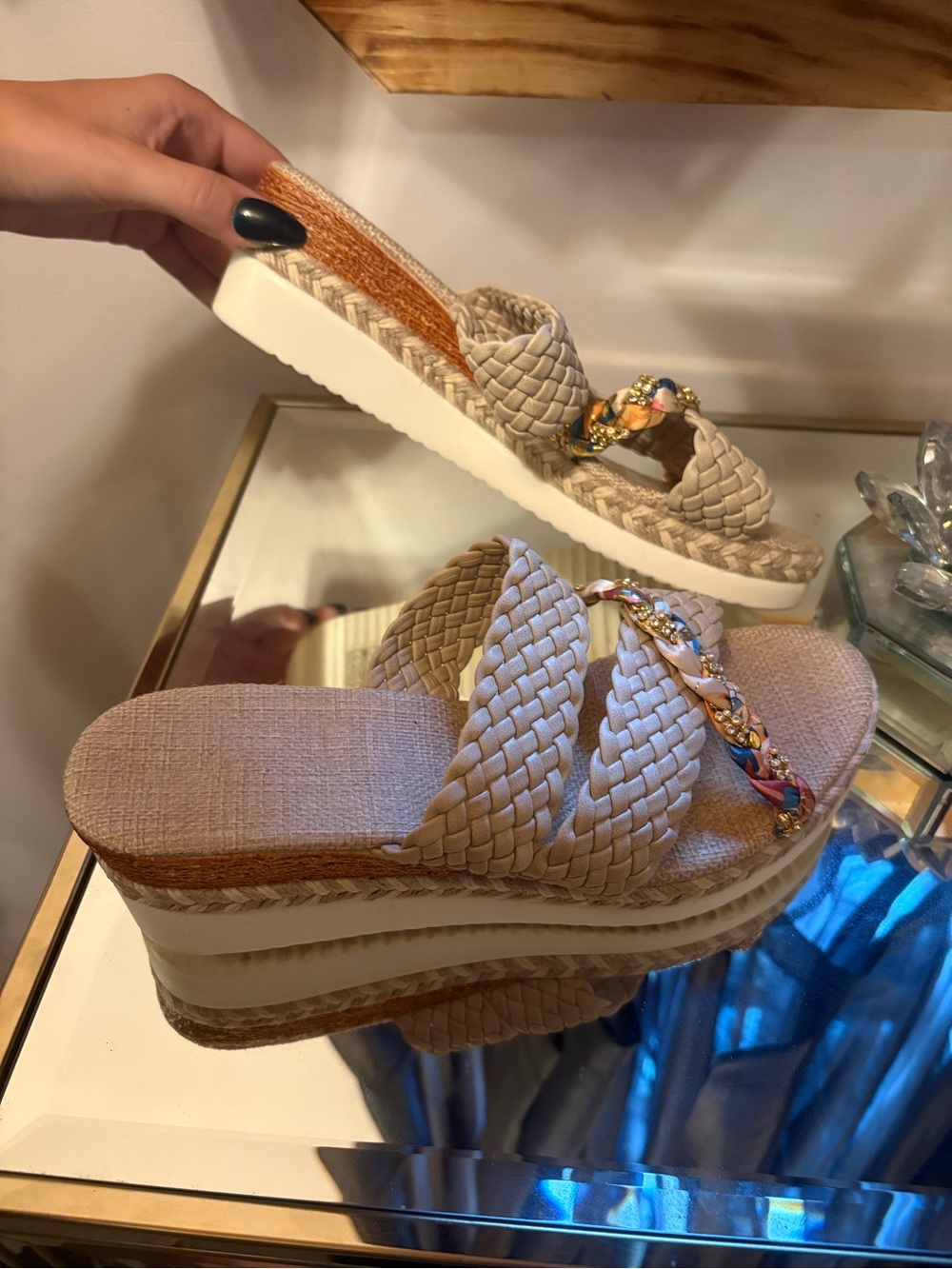 Woven Platform Slide Sandals in Beige with Decorative Chain